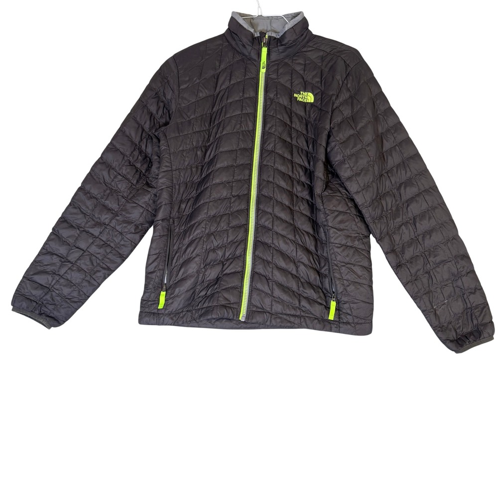 The North Face Boys XL Thermoball Insulated Quilted Jacket Gray Neon Green Logo
